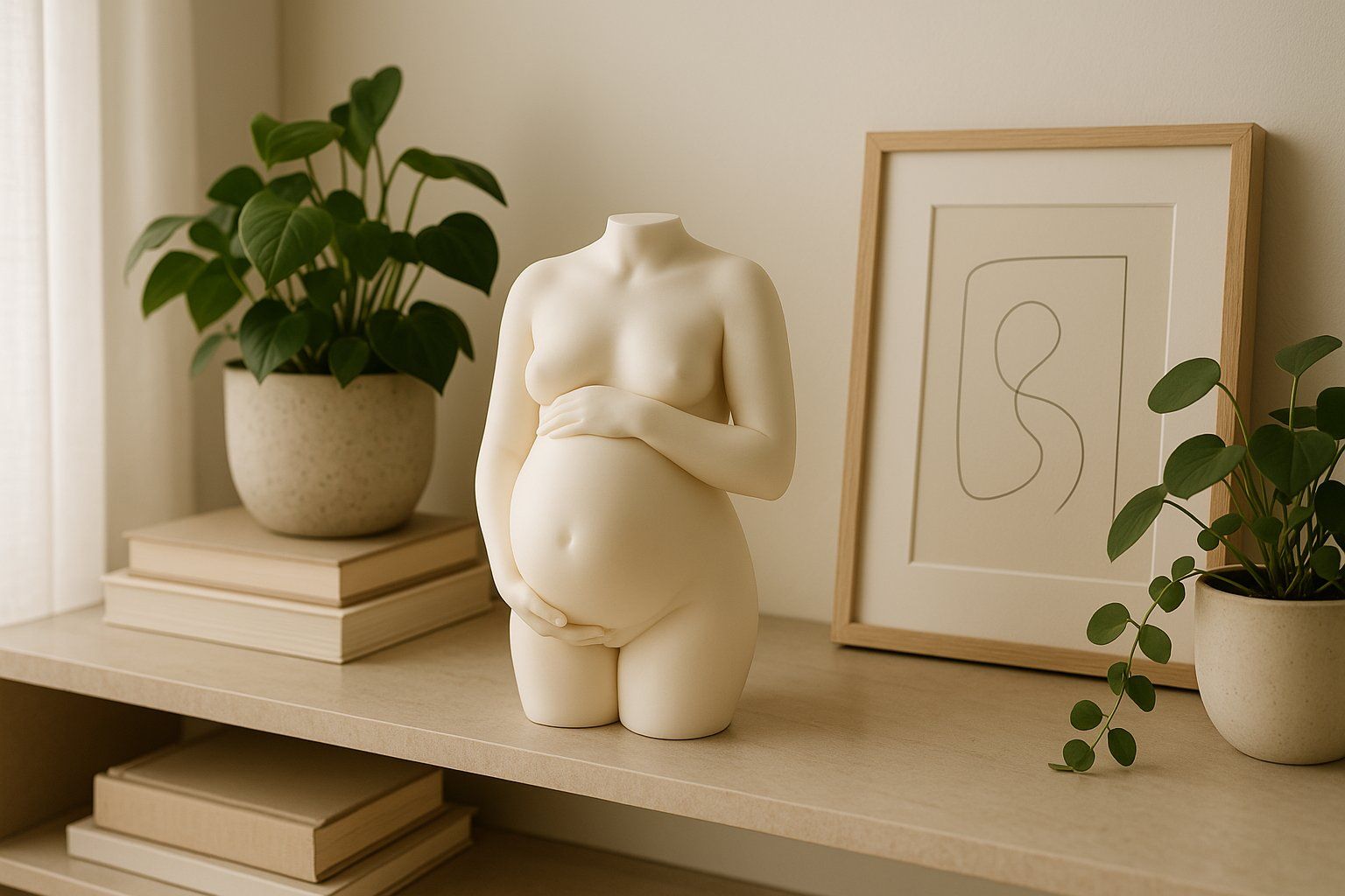 White pregnancy sculpture on a shelf beside plants and books